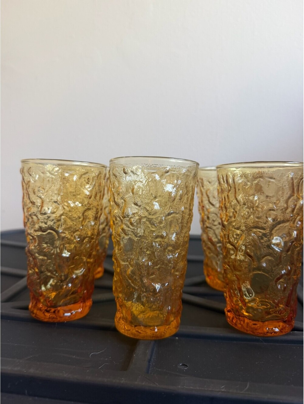 Vintage Anchor Hocking Amber Gold 12 oz Crinkle Glasses - Lot of 6